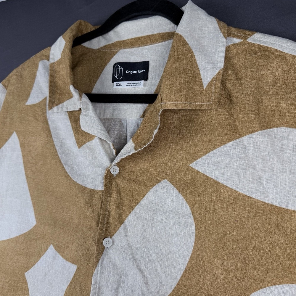 Original Use Men's Linen Cotton Brown White Abstract Short Sleeve Button-Up 2XL